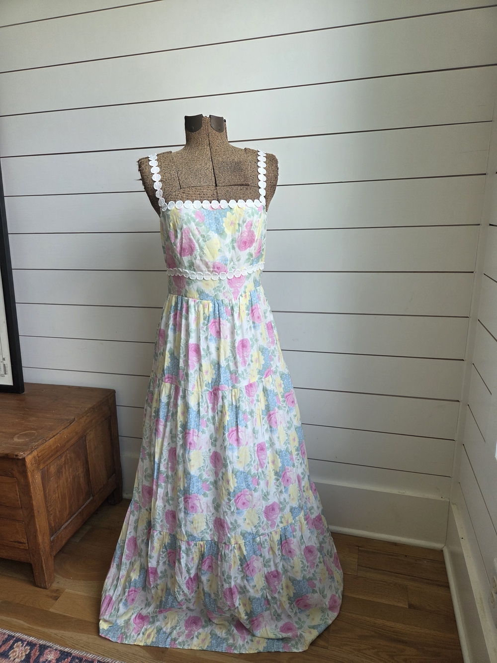 Altar'd State Pastel Floral Maxi Dress with White Trim